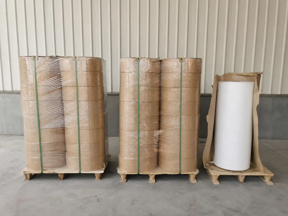 Palletized PE film rolls in warehouse